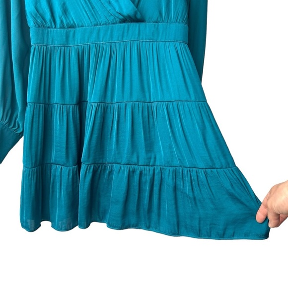 NAKED ZEBRA Teal Blue Faux Wrap Front Tiered Sheer Sleeve Mini Dress Size Medium - Picture 4 of 10